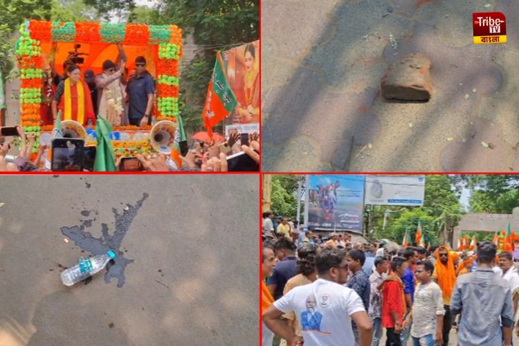 মিঠুন চক্রবর্তীর রোড শোয়ে বোতল বৃষ্টি!