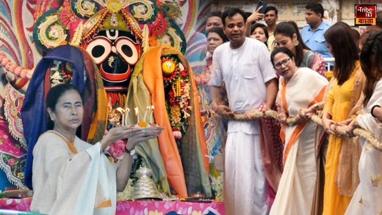 বৃষ্টি মাথায় নিয়ে রথের রশিতে টান, সুসজ্জিত রথযাত্রায় পা মেলালেন মুখ্যমন্ত্রী